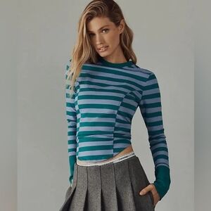 Maeve Shirt Womens S‎ Green Purple Striped Long Sleeve Seamed Tee Stretch Casual